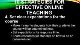 10 STRATEGIES FOR
EFFECTIVE ONLINE
TEACHING
7. Have a good balance of active
leader and active observer
Slowly transfer th...