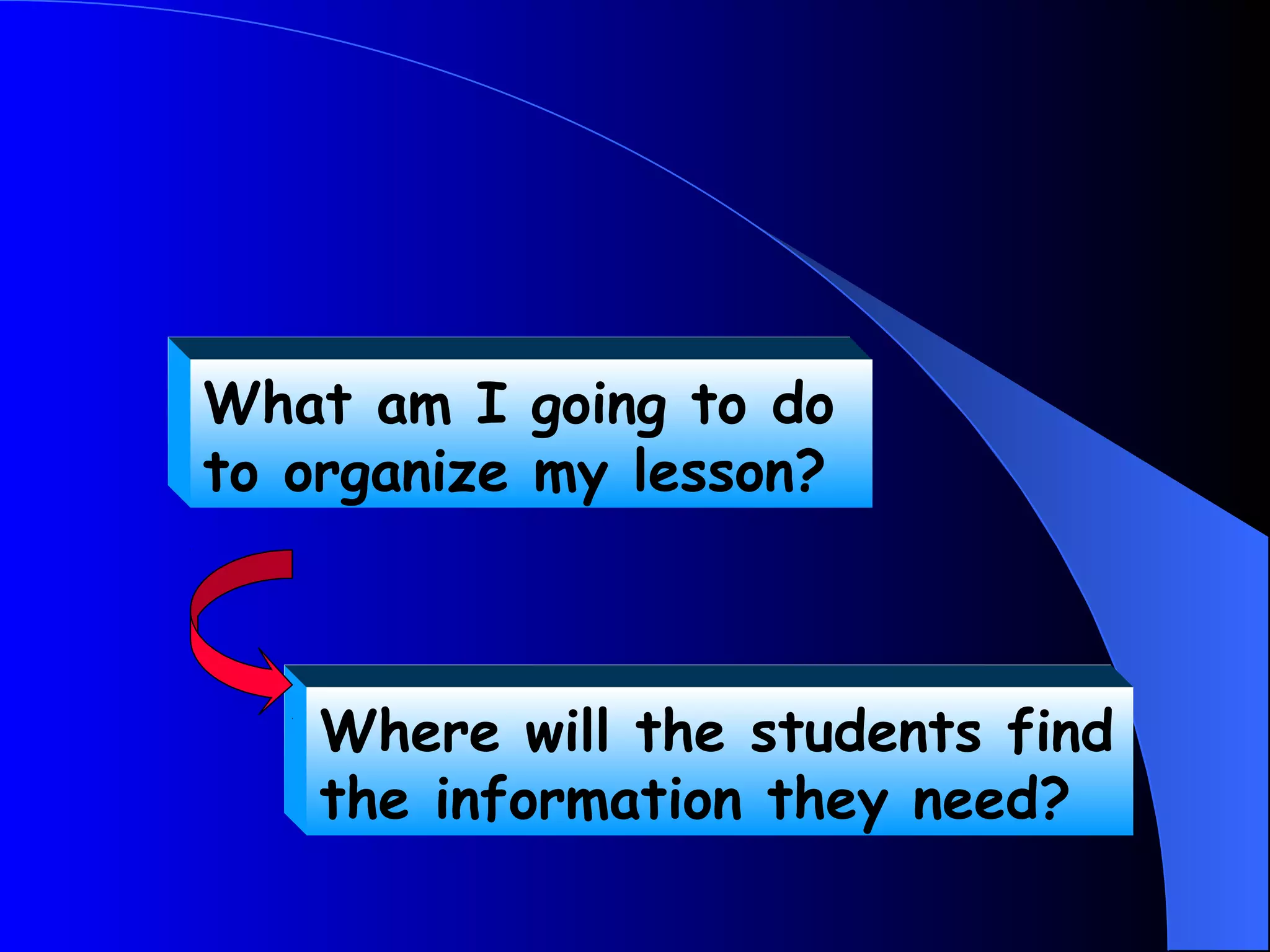 What am I going to do
to organize my lesson?



    Where will the students find
    the information they need?
 