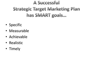 • Specific 
• Measurable 
• Achievable 
• Realistic 
• Timely 
 