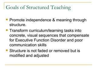 Goals of Structured Teaching






Promote independence & meaning through
structure.
Transform curriculum/learning tasks into
concrete, visual sequences that compensate
for Executive Function Disorder and poor
communication skills
Structure is not faded or removed but is
modified and adjusted

 