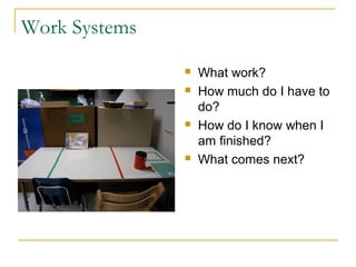 Work Systems







What work?
How much do I have to
do?
How do I know when I
am finished?
What comes next?

 
