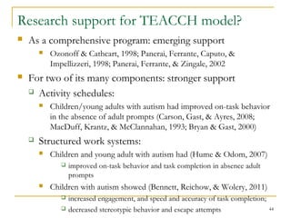 Research support for TEACCH model?


As a comprehensive program: emerging support




Ozonoff & Cathcart, 1998; Panerai, Ferrante, Caputo, &
Impellizzeri, 1998; Panerai, Ferrante, & Zingale, 2002

For two of its many components: stronger support
 Activity schedules:




Children/young adults with autism had improved on-task behavior
in the absence of adult prompts (Carson, Gast, & Ayres, 2008;
MacDuff, Krantz, & McClannahan, 1993; Bryan & Gast, 2000)

Structured work systems:


Children and young adult with autism had (Hume & Odom, 2007)




improved on-task behavior and task completion in absence adult
prompts

Children with autism showed (Bennett, Reichow, & Wolery, 2011)



increased engagement, and speed and accuracy of task completion;
decreased stereotypic behavior and escape attempts

44

 