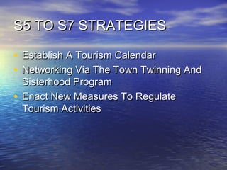 S5 TO S7 STRATEGIES
• Establish A Tourism Calendar
• Networking Via The Town Twinning And
Sisterhood Program
• Enact New Measures To Regulate
Tourism Activities

 