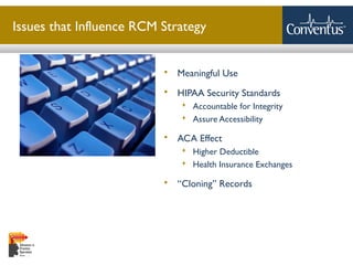 Sterling Solutions, Ltd.
Issues that Influence RCM Strategy
 Meaningful Use
 HIPAA Security Standards
 Accountable for Integrity
 Assure Accessibility
 ACA Effect
 Higher Deductible
 Health Insurance Exchanges
 “Cloning” Records
 