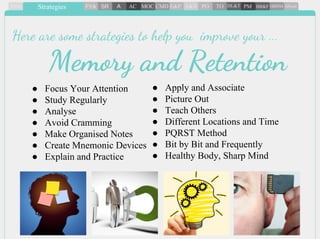 ● Focus Your Attention
● Study Regularly
● Analyse
● Avoid Cramming
● Make Organised Notes
● Create Mnemonic Devices
● Explain and Practice
Here are some strategies to help you improve your ...
● Apply and Associate
● Picture Out
● Teach Others
● Different Locations and Time
● PQRST Method
● Bit by Bit and Frequently
● Healthy Body, Sharp Mind
Memory and Retention
 