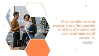 When considering what
process to use, first consider
what type of environment
your employees would
prosper in.
 