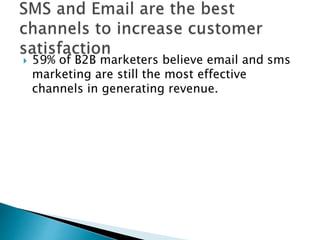  59% of B2B marketers believe email and sms
marketing are still the most effective
channels in generating revenue.
 