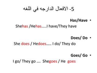 5-  الافعال الدارجه في اللغه Has/Have She  has /He  has …..I have/They have Does/ Do She  does / He  does ….. I do/ They do Goes/ Go I go/ They go   ….   She  goes / He  goes  