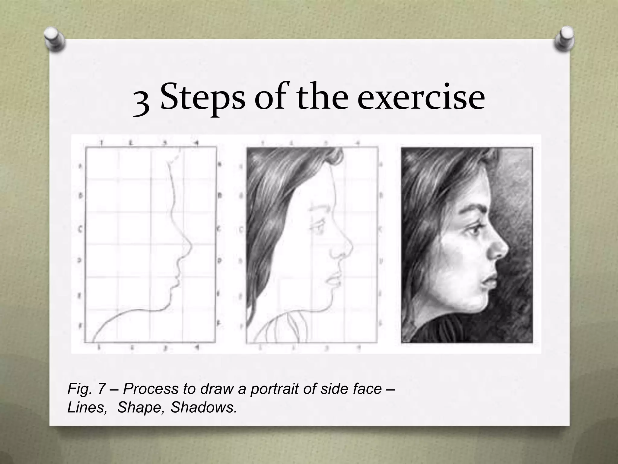 3 Steps of the exercise

Fig. 7 – Process to draw a portrait of side face –
Lines, Shape, Shadows.

 