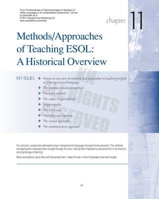 Methods/Approaches
of Teaching ESOL:
AHistorical Overview
11
KEY ISSUES ❖ Historical overview of methods and approaches to teaching English
as a foreign/second language
❖ The grammar-translation method
❖ The direct method
❖ The audio-lingual method
❖ Suggestopedia
❖ The silent way
❖ Total physical response
❖ The natural approach
❖ The communicative approach
chapter
63
For centuries, people have attempted to learn foreign/second languages through formal education. The methods
and approaches employed have changed through the years, having been impacted by advancements in the theories
and psychology of learning.
Basic assumptions about why and how people learn, shape the way in which languages have been taught.
10 Ariza Fund Ch11.indd 6310 Ariza Fund Ch11.indd 63 7/29/10 11:38:47 AM7/29/10 11:38:47 AM
From "Fundamentals of Teaching English to Speakers of
Other Languages in K-12 Mainstream Classrooms," 3rd ed.
by Zainuddin et al
© 2011 Kendall Hunt Publishing Co.
www.kendallhunt.com/ariza
 