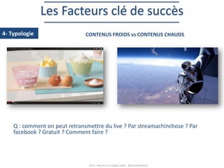 Les Facteurs clé de succès
4- Typologie

CONTENUS FROIDS vs CONTENUS CHAUDS

Q : comment on peut retransmettre du live ? Par streamachinchose ? Par
facebook ? Gratuit ? Comment faire ?

2013 – Réussir sa stratégie vidéo - @SarahBerthault

 