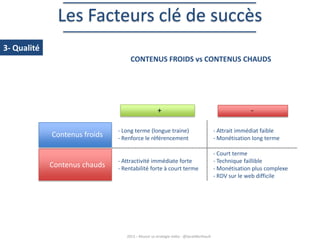 Les Facteurs clé de succès
3- Qualité
CONTENUS FROIDS vs CONTENUS CHAUDS

+
Contenus froids

Contenus chauds

-

- Long terme (longue traine)
- Renforce le référencement

- Attrait immédiat faible
- Monétisation long terme

- Attractivité immédiate forte
- Rentabilité forte à court terme

- Court terme
- Technique faillible
- Monétisation plus complexe
- RDV sur le web difficile

2013 – Réussir sa stratégie vidéo - @SarahBerthault

 