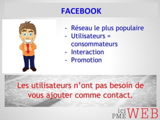 - Réseau le plus populaire 
- Utilisateurs = 
consommateurs 
- Interaction 
- Promotion 
Les utilisateurs n’ont pas besoin de 
vous ajouter comme contact. 
 
