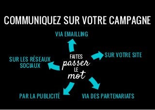Via des partenariatsPar la publicité
sur les réseaux
sociaux
sur votre site
via emailling
Faites
passer
le
mot
Communiquez sur votre campagne
 