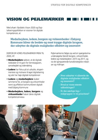 STRATEGI FOR DIGITALE KOMPETENCER
3
Med afsæt i Byrådets Vision 2020 og Digi-
taliseringspolitikken er visionen for digitale
kompetencer, at:
VISION OG PEJLEMÆRKER
Medarbejdere,ledere,borgere og virksomheder i Esbjerg
Kommune bliver de bedste og mest trygge digitale brugere,
der udnytter de digitale muligheder effektivt og innovativt
DERFOR ER VORES PEJLEMÆRKER FREM TIL
2020, AT:
•	Medarbejdere oplever, at de digitale
	 redskaber er til gavn for kerneopgaven,
	 samarbejdet og videndeling
•	Ledere har fokus på at udnytte, eksperi-
	 mentere og motivere til øget digitalisering
	 og selv har høje digitale kompetencer
•	Ledere og medarbejdere skaber
	 rammerne for, at borgere og virksomheder
	 nemt og effektivt kommunikerer digitalt
	 med Esbjerg Kommune
•	Medarbejdere, ledere, borgere og
	virksomheder hæver deres digitale
	kompetenceniveau
Pejlemærkerne følges op ved en spørgeskema-
undersøgelse blandt borgere, virksomheder,
ledere og medarbejdere i 2015 og 2017, og
via de igangværende kanalstrategiske indsat-
ser og målinger.
- 	Hvor udnytter vi allerede de
	 digitale muligheder effektivt
	 og innovativt?
- 	Hvad er vores største
	udfordringer?
- 	Er der særlige fag-/
	 målgrupper vi vil prioritere?
 