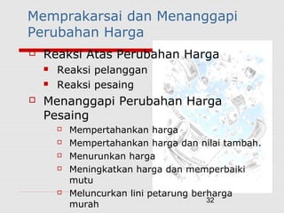 32
Memprakarsai dan Menanggapi
Perubahan Harga
 Reaksi Atas Perubahan Harga
 Reaksi pelanggan
 Reaksi pesaing
 Menanggapi Perubahan Harga
Pesaing
 Mempertahankan harga
 Mempertahankan harga dan nilai tambah.
 Menurunkan harga
 Meningkatkan harga dan memperbaiki
mutu
 Meluncurkan lini petarung berharga
murah
 