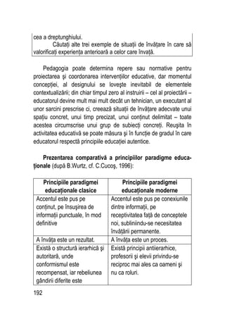 192
cea a dreptunghiului.
Căutaţi alte trei exemple de situaţii de învăţare în care să
valorificaţi experienţa anterioară a celor care învaţă.
Pedagogia poate determina repere sau normative pentru
proiectarea şi coordonarea intervenţiilor educative, dar momentul
concepţiei, al designului se loveşte inevitabil de elementele
contextualizării; din chiar timpul zero al instruirii – cel al proiectării –
educatorul devine mult mai mult decât un tehnician, un executant al
unor sarcini prescrise ci, creează situaţii de învăţare adecvate unui
spaţiu concret, unui timp precizat, unui conţinut delimitat – toate
acestea circumscrise unui grup de subiecţi concreţi. Reuşita în
activitatea educativă se poate măsura şi în funcţie de gradul în care
educatorul respectă principiile educaţiei autentice.
Prezentarea comparativă a principiilor paradigme educa-
ţionale (după B.Wurtz, cf. C.Cucoş, 1996):
Principiile paradigmei
educaţionale clasice
Principiile paradigmei
educaţionale moderne
Accentul este pus pe
conţinut, pe însuşirea de
informaţii punctuale, în mod
definitive
Accentul este pus pe conexiunile
dintre informaţii, pe
receptivitatea faţă de conceptele
noi, subliniindu-se necesitatea
învăţării permanente.
A învăţa este un rezultat. A învăţa este un proces.
Există o structură ierarhică şi
autoritară, unde
conformismul este
recompensat, iar rebeliunea
gândirii diferite este
Există principii antiierarhice,
profesorii şi elevii privindu-se
reciproc mai ales ca oameni şi
nu ca roluri.
 