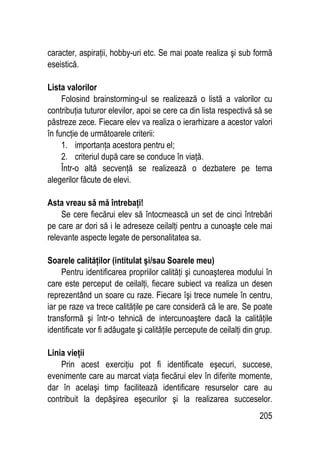 205
caracter, aspiraţii, hobby-uri etc. Se mai poate realiza şi sub formă
eseistică.
Lista valorilor
Folosind brainstorming-ul se realizează o listă a valorilor cu
contribuţia tuturor elevilor, apoi se cere ca din lista respectivă să se
păstreze zece. Fiecare elev va realiza o ierarhizare a acestor valori
în funcţie de următoarele criterii:
1. importanţa acestora pentru el;
2. criteriul după care se conduce în viaţă.
Într-o altă secvenţă se realizează o dezbatere pe tema
alegerilor făcute de elevi.
Asta vreau să mă întrebaţi!
Se cere fiecărui elev să întocmească un set de cinci întrebări
pe care ar dori să i le adreseze ceilalţi pentru a cunoaşte cele mai
relevante aspecte legate de personalitatea sa.
Soarele calităţilor (intitulat şi/sau Soarele meu)
Pentru identificarea propriilor calităţi şi cunoaşterea modului în
care este perceput de ceilalţi, fiecare subiect va realiza un desen
reprezentând un soare cu raze. Fiecare îşi trece numele în centru,
iar pe raze va trece calităţile pe care consideră că le are. Se poate
transformă şi într-o tehnică de intercunoaştere dacă la calităţile
identificate vor fi adăugate şi calităţile percepute de ceilalţi din grup.
Linia vieţii
Prin acest exerciţiu pot fi identificate eşecuri, succese,
evenimente care au marcat viaţa fiecărui elev în diferite momente,
dar în acelaşi timp facilitează identificare resurselor care au
contribuit la depăşirea eşecurilor şi la realizarea succeselor.
 