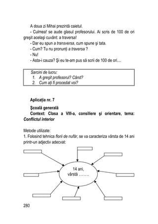 280
A doua zi Mihai prezintă caietul.
- Culmea! se aude glasul profesorului. Ai scris de 100 de ori
greşit acelaşi cuvânt: a traversa!
- Dar eu spun a transversa, cum spune şi tata.
- Cum? Tu nu pronunţi a traversa ?
- Nu!
- Asta-i cauza? Şi eu te-am pus să scrii de 100 de ori....
Sarcini de lucru:
1. A greşit profesorul? Când?
2. Cum aţi fi procedat voi?
Aplicaţia nr. 7
Şcoală generală
Context: Clasa a VIII-a, consiliere şi orientare, tema:
Conflictul interior
Metode utilizate:
1. Folosind tehnica florii de nufăr, se va caracteriza vârsta de 14 ani
printr-un adjectiv adecvat:
14 ani,
vârstă …….
 