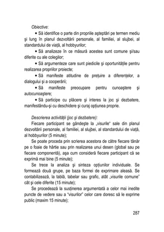 287
Obiective:
• Să identifice o parte din propriile aşteptări pe termen mediu
şi lung în planul dezvoltării personale, al familiei, al slujbei, al
standardului de viaţă, al hobbyurilor;
• Să analizeze în ce măsură acestea sunt comune şi/sau
diferite cu ale colegilor;
• Să argumenteze care sunt piedicile şi oportunităţile pentru
realizarea propriilor proiecte;
• Să manifeste atitudine de preţuire a diferenţelor, a
dialogului şi a cooperării;
• Să manifeste preocupare pentru cunoaştere şi
autocunoaştere;
• Să participe cu plăcere şi interes la joc şi dezbatere,
manifestându-şi cu deschidere şi curaj opţiunea proprie.
Descrierea activităţii (joc şi dezbatere):
Fiecare participant se gândeşte la „visurile“ sale din planul
dezvoltării personale, al familiei, al slujbei, al standardului de viaţă,
al hobbyurilor (5 minute);
Se poate proceda prin scrierea acestora de către fiecare tânăr
pe o foaie de hârtie sau prin realizarea unui desen (global sau pe
fiecare componentă), aşa cum consideră fiecare participant că se
exprimă mai bine (5 minute);
Se trece la analiza şi sinteza opţiunilor individuale. Se
formează două grupe, pe baza formei de exprimare aleasă. Se
contabilizează, la tablă, tabelar sau grafic, atât „visurile comune”
cât şi cele diferite (15 minute);
Se procedează la susţinerea argumentată a celor mai inedite
puncte de vedere sau a “visurilor” celor care doresc să le exprime
public (maxim 15 minute);
 