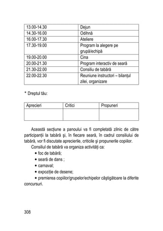 308
13.00-14.30 Dejun
14.30-16.00 Odihnă
16.00-17.30 Ateliere
17.30-19.00 Program la alegere pe
grupă/echipă
19.00-20.00 Cina
20.00-21.30 Program interactiv de seară
21.30-22.00 Consiliu de tabără
22.00-22.30 Reuniune instructori – bilanţul
zilei, organizare
‫٭‬ Dreptul tău:
Aprecieri Critici Propuneri
Această secţiune a panoului va fi completată zilnic de către
participanţii la tabără şi, în fiecare seară, în cadrul consiliului de
tabără, vor fi discutate aprecierile, criticile şi propunerile copiilor.
Consiliul de tabără va organiza activităţi ca:
• foc de tabără;
• seară de dans ;
• carnaval;
• expoziţie de desene;
• premierea copiilor/grupelor/echipelor câştigătoare la diferite
concursuri.
 