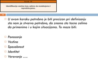 U ovom koraku potrebno je biti precizan pri definisanju sta nam je stvarno potrebno, da znamo sta tacno zelimo da primenimo i u kojim situacijama. To moze biti: Ponasanje  Vestina Sposobnost Identitet  Verovanje …. 