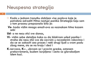 Neuspesna strategija  Kada u jednom trenutku dobijem vise poslova koje je potrebno odraditi Hitno nastupi panika Strategija koju sam u tom procesu prepoznala bila je: Ve - kada vidim mnogo email-ova sa naznakom hitno kazem sebi  Ud - o ne necu stici sve danas,  Vi - vidim sebe detaljno kako cu da blokiram usled panike i straha da necu stici sve da zavrsim u navedenim rokovima i da ce se zakociti ceo proces i neki drugi ljudi u svom poslu zbog mene, sto se na kraju i desi i  K -nervoza,  K--  , ubrzam se I pravim greske, ostanem prekovremeno, budem iscrpljena i cesto sa glavoboljom idem kuci. 