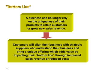 “Bottom Line”

               A business can no longer rely
                on the uniqueness of their
               products to retain customers
                or grow new sales revenue.




      Customers will align their business with strategic
       suppliers who understand their business and
        bring a unique offering which adds value by
      impacting their ―bottom line‖ through increased
              sales revenue or reduced costs


107
 