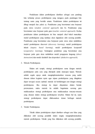 16
Pendekatan dalam pembelajaran diartikan sebagai cara pandang
kita terhadap proses pembelajaran yang mengacu pada pandangan kita
tentang suatu yang bersifat umum. Pendekatan dalam pembelajaran ini
dibagi menjadi dua yakni: a). Pendekatan yang berorientasi atau berpusat
pada siswa (student centered approach) dan b). Pendekatan yang
berorientasi atau berpusat pada guru (teacher centered approach). Kedua
pendekatan dalam pembelajaran ini bisa menjadi cikal bakal munculnya
model pembelajaran yang nantinya akan digunakan oleh seorang pendidk.
Pendekatan yang berorientasi atau berpussat pada siswa akan melahirkan
model pembelajaran discoveri (discovery learning), model pembelajaran
inkuiri (inquiry based learning), model pembelajaran kooperatif
(cooperative learning). Sedangkan pendektan yang berorientasi atau
berpusat pada guru akan melahirkan model pengajaran langsung (direct
instruction) dan model deduktif dan ekspositori (deductive approach).
2. Metode Pembelajaran.
Dalam arti sempit, strategi pembelajaran sama dengan metode
pembelajaran yaitu cara yang ditempuh untuk mencapai tujuan. Metode
adalah segala upaya untuk mengimplementasikan rencana yang sudah
disusun dalam kegiatan nyata agar tujuan pembelajaran yang diinginkan
dapat tercapai secara optimal. metode ini berhubungan erat dengan strategi
pembelajaran. Jika strategi itu dapat dinyatakan dalam bentuk
perencanaan, maka metode itu adalah bagaimana seorang guru
melaksanakan strategi pembelajaran atau melaksanakan rencana-rencana
yang disusun dalam strategi pembelajaran tersebut. Dalam hal ini, suatu
strategi pembelajaran dapat dilaksanakan denan berbagai metode
pembelajaran.
3. Teknik Pembelajaran.
Teknik dalam pembelajaran dapat diartikan sebagai cara khas yang
dilakukan oleh seorang pendidik dalam rangka mengimplementasikan
metode pembelajaran. Teknik yang bisa dilakukan oleh seorang pendidik,
 