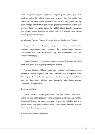 22
Untuk mengawali kegiatan penyusunan program pembelajaran, guru perlu
membuat analisis hari efektif selama satu semester. Dari hasil analisis hari
efektif akan diketahui jumlah hari efektif dan hari libur tiap pekan atau tiap
bulan sehingga memudahkan penyususnan program pembelajaran selama satu
semester. Dasar pembuatan analisis hari efektif adalah kalender pendidikan
dan kalender umum. Berdasarkan analisis hari efektif tersebut dapat disusun
analisis program pembelajaran.
a) Membuat Program Tahunan, Program Semester dan Program Tagihan
Program Tahunan. Penyusunan program pembelajaran selama tahun
pelajaran dimaksudkan agar keutuhan dan kesinambungan program
pembelajaran atau topik pembelajaran yang akan dilaksanakan dalam dua
semester tetap terjaga.
Program Semester. Penyusunan program semester didasarkan pada hasil
anlisis hari efektif dan program pembelajaran tahunan.
Program Tagihan. Sebagai bagian dari kegiatan pembelajaran, tagihan
merupakan tuntutan kegiatan yang harus dilakukan atau ditampilkan siswa.
Jenis tagihan dapat berbentuk ujian lisan, tulis, dan penampilan yang berupa
kuis, tes lisan, tugas individu, tugas kelompok, unjuk kerja, praktek,
penampilan, atau porto folio.
2. Menyusun Silabus
Silabus diartikan sebagai garis besar, ringkasan, ikhtisar, atau pokok-
pokok isi atau materi pelajaran. Silabus merupakan penjabaran dari standard
kompetensi, kompetensi dasar yang ingin dicapai, dan pokok-pokok serta
uraian materi yang perlu dipelajari siswa dalam rangka mencapai standard
kompetensi dan kompetensi dasar.
3. Menyusun Rencana Pembelajaran
 