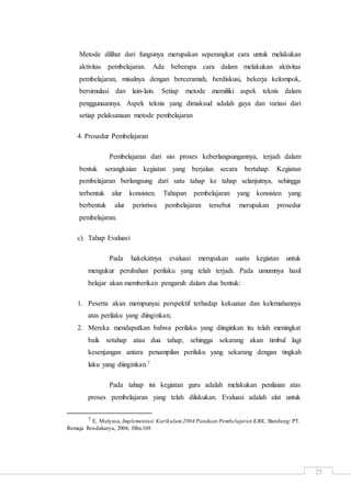 25
Metode dilihat dari fungsinya merupakan seperangkat cara untuk melakukan
aktivitas pembelajaran. Ada beberapa cara dalam melakukan aktivitas
pembelajaran, misalnya dengan berceramah, berdiskusi, bekerja kelompok,
bersimulasi dan lain-lain. Setiap metode memiliki aspek teknis dalam
penggunaannya. Aspek teknis yang dimaksud adalah gaya dan variasi dari
setiap pelaksanaan metode pembelajaran
4. Prosedur Pembelajaran
Pembelajaran dari sisi proses keberlangsungannya, terjadi dalam
bentuk serangkaian kegiatan yang berjalan secara bertahap. Kegiatan
pembelajaran berlangsung dari satu tahap ke tahap selanjutnya, sehingga
terbentuk alur konsisten. Tahapan pembelajaran yang konsisten yang
berbentuk alur peristiwa pembelajaran tersebut merupakan prosedur
pembelajaran.
c) Tahap Evaluasi
Pada hakekatnya evaluasi merupakan suatu kegiatan untuk
mengukur perubahan perilaku yang telah terjadi. Pada umumnya hasil
belajar akan memberikan pengaruh dalam dua bentuk:
1. Peserta akan mempunyai perspektif terhadap kekuatan dan kelemahannya
atas perilaku yang diinginkan;
2. Mereka mendapatkan bahwa perilaku yang diinginkan itu telah meningkat
baik setahap atau dua tahap, sehingga sekarang akan timbul lagi
kesenjangan antara penampilan perilaku yang sekarang dengan tingkah
laku yang diinginkan.7
Pada tahap ini kegiatan guru adalah melakukan penilaian atas
proses pembelajaran yang telah dilakukan. Evaluasi adalah alat untuk
7 E. Mulyasa,Implementasi Kurikulum2004 Panduan Pembelajaran KBK, Bandung: PT.
Remaja Rosdakarya, 2004, Hlm.169.
 