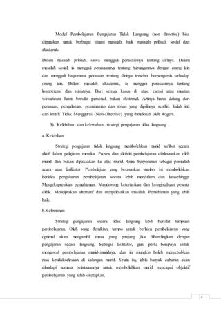 38
Model Pembelajaran Pengajaran Tidak Langsung (non directive) bisa
digunakan untuk berbagai situasi masalah, baik masalah pribadi, sosial dan
akademik.
Dalam masalah pribadi, siswa menggali perasaannya tentang dirinya. Dalam
masalah sosial, ia menggali perasaannya tentang hubungannya dengan orang lain
dan menggali bagaimana perasaan tentang dirinya tersebut berpengaruh terhadap
orang lain. Dalam masalah akademik, ia menggali perasaannya tentang
kompetensi dan minatnya. Dari semua kasus di atas, esensi atau muatan
wawancara hams bersifat personal, bukan eksternal. Artinya harus datang dari
perasaan, pengalaman, pemahaman dan solusi yang dipilihnya sendiri. Inilah inti
dari istilah Tidak Menggurui (Non-Directive) yang dimaksud oleh Rogers.
3). Kelebihan dan kelemahan strategi pengajaran tidak langsung
a. Kelebihan
Strategi pengajaran tidak langsung membolehkan murid terlibat secara
aktif dalam pelajaran mereka. Proses dan aktiviti pembelajaran dilaksanakan oleh
murid dan bukan dipaksakan ke atas murid. Guru berperanan sebagai pemudah
acara atau fasilitator. Pembelajarn yang berasaskan sumber ini membolehkan
berlaku pengalaman pembelajaran secara lebih mendalam dan luassehingga
Mengekspresikan pemahaman. Mendorong ketertarikan dan keingintahuan peserta
didik. Menciptakan alternatif dan menyelesaikan masalah. Pemahaman yang lebih
baik.
b.Kelemahan
Strategi pengajaran secara tidak langsung lebih bersifat tumpuan
pembelajaran. Oleh yang demikian, tempo untuk berlaku pembelajaran yang
optimal akan mengambil masa yang panjang jika dibandingkan dengan
pengajaran secara langsung. Sebagai fasilitator, guru perlu berupaya untuk
mengawal pembelajaran murid-muridnya, dan ini mungkin boleh menyebabkan
rasa ketidakselesaan di kalangan murid. Selain itu, lebih banyak cabaran akan
dihadapi semasa pelaksaannya untuk membolehkan murid mencapai objektif
pembelajaran yang telah ditetapkan.
 