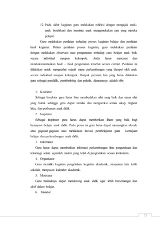 73
12. Pada akhir kegiatan guru melakukan refleksi dengan mengajak anak-
anak berdiskusi dan meminta anak mengemukakan apa yang mereka
pelajari.
Guru melakukan penilaian terhadap proses kegiatan belajar dan penilaian
hasil kegiatan. Dalam penilaian proses kegiatan, guru melakukan penilaian
dengan melakukan observasi atau pengamatan terhadap cara belajar anak baik
secara individual maupun kelompok. Anda harus mencatat dan
mendokumentasikan hasil – hasil pengamatan tersebut secara cermat. Penilaian ini
dilakukan untuk mengetahui sejauh mana perkembangan yang dicapai oleh anak
secara individual maupun kelompok. Banyak peranan lain yang harus dilakukan
guru sebagai pendidik, pembimbing dan pelatih, diantaranya adalah sbb:
1. Korektor
Sebagai korektor guru harus bisa membedakan nilai yang baik dan mana nilai
yang buruk sehingga guru dapat menilai dan mengoreksi semua sikap, tingkah
laku, dan perbuatan anak didik.
2. Inspirator
Sebagai inspirator guru harus dapat memberikan ilham yang baik bagi
kemajuan belajar anak didik. Pada peran ini guru harus dapat menuangkan ide-ide
atau gagasan-gagasan atau melakukan inovasi pembelajaran guna kemajuan
belajar dan perkembangan anak didik.
3. Informator
Guru harus dapat memberikan informasi perkembangan ilmu pengetahuan dan
teknologi selain sejumlah materi yang telah di programkan sesuai kurikulum.
4. Organisator
Guru memiliki kegiatan pengelolaan kegiatan akademik, menyusun tata tertib
sekolah, menyusun kalender akademik.
5. Motivator
Guru hendaknya dapat mendorong anak didik agar lebih bersemangat dan
aktif dalam belajar.
6. Inisiator
 