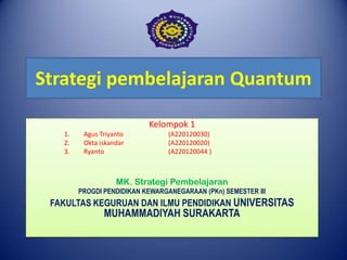 Strategi pembelajaran Quantum
Kelompok 1
1.
2.
3.

Agus Triyanto
Okta iskandar
Ryanto

(A220120030)
(A220120020)
(A220120044 )

MK. Strategi Pembelajaran
PROGDI PENDIDIKAN KEWARGANEGARAAN (PKn) SEMESTER III

FAKULTAS KEGURUAN DAN ILMU PENDIDIKAN UNIVERSITAS

MUHAMMADIYAH SURAKARTA

 