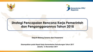 Strategi Pencapaian Rencana Kerja Pemerintah
dan Penganggarannya Tahun 2018
Deputi Bidang Sarana dan Prasarana
Disampaikan pada Rapat Kerja Kementerian Perhubungan Tahun 2017
Jakarta, 16 November 2017
 