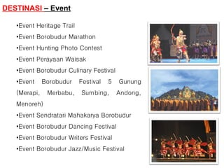 •Event Heritage Trail
•Event Borobudur Marathon
•Event Hunting Photo Contest
•Event Perayaan Waisak
•Event Borobudur Culinary Festival
•Event Borobudur Festival 5 Gunung
(Merapi, Merbabu, Sumbing, Andong,
Menoreh)
•Event Sendratari Mahakarya Borobudur
•Event Borobudur Dancing Festival
•Event Borobudur Writers Festival
•Event Borobudur Jazz/Music Festival
DESTINASI – Event
 