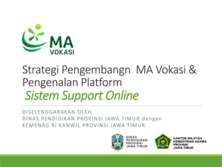 Strategi Pengembangn MA Vokasi &
Pengenalan Platform
Sistem Support Online
DISELENGGARAKAN OLEH
DINAS PENDIDIKAN PROVINSI JAWA TIMUR dengan
KEMENAG RI KANWIL PROVINSI JAWA TIMUR
 