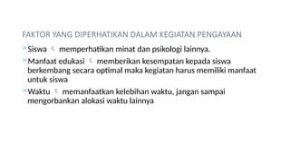 FAKTOR YANG DIPERHATIKAN DALAM KEGIATAN PENGAYAAN
Siswa  memperhatikan minat dan psikologi lainnya.
Manfaat edukasi  memberikan kesempatan kepada siswa
berkembang secara optimal maka kegiatan harus memiliki manfaat
untuk siswa
Waktu  memanfaatkan kelebihan waktu, jangan sampai
mengorbankan alokasi waktu lainnya
 