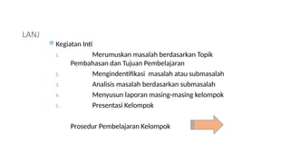 LANJ
 Kegiatan Inti
1. Merumuskan masalah berdasarkan Topik
Pembahasan dan Tujuan Pembelajaran
2. Mengindentifikasi masalah atau submasalah
3. Analisis masalah berdasarkan submasalah
4. Menyusun laporan masing-masing kelompok
5. Presentasi Kelompok
Prosedur Pembelajaran Kelompok
 