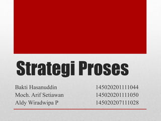 Strategi Proses
Bakti Hasanuddin 145020201111044
Moch. Arif Setiawan 145020201111050
Aldy Wiradwipa P 145020207111028
 