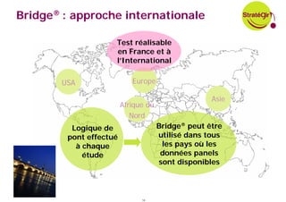 Bridge® : approche internationale

                    Test réalisable
                    en France et à
                    l’International

       USA                 Europe

                                                   Asie
                        Afrique du
                           Nord
         Logique de                  Bridge® peut être
        pont effectué                utilisé dans tous
          à chaque                    les pays où les
            étude                     données panels
                                     sont disponibles



                              14
 
