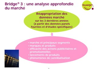 Bridge® 3 : une analyse approfondie
du marché
                 Réappropriation des
                  données marché
                sur les 3 dernières années
               (à partir des données panels
             fournies et d’études spécifiques)




           • marché et principaux segments
           • marques et produits
           • efficacité des actions publicitaires et
             promotionnelles
           • lancements de produits
           • phénomènes de cannibalisation


                            24
 