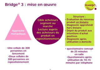 Bridge® 3 : mise en œuvre

                                                   Structure :
                       Cible acheteurs   •   Évaluation du nouveau
                         segment ou          produit en linéaire
                                         •   Diagnostic approfondi
                           marché
                                             hors linéaire
   Approche            Lecture auprès    •   Dépôt du produit aux
   monadique          des acheteurs du       intentions d’achat
                          produit en         positives
                      repositionnement   •   Diagnostic après
                                             utilisation à domicile

•Une cellule de 300                      • questionnaire concept
   personnes en                                de 25 minutes
    lancement                                      en salle
 •Deux cellules de                         •Questionnaire après
 300 personnes en                           utilisation de 10-15
 repositionnement                         minutes par téléphone

                               26
 