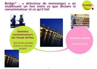 Bridge® : « détecteur de mensonges » en
établissant un lien entre ce que déclare le
consommateur et ce qu’il fait




         Données
     consommateurs
    de l’étude Ad’Hoc                  Données panels
     Attractivité produits              Produits actuels
     actuels et nouveau
           produit




                             4
 