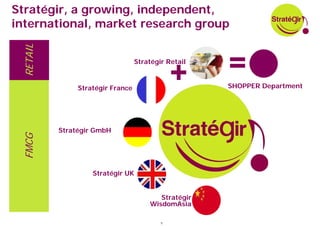 Stratégir, a growing, independent,
international, market research group
 RETAIL

                                  Stratégir Retail

                                              +      =
               Stratégir France                      SHOPPER Department




          Stratégir GmbH
 FMCG




                   Stratégir UK


                                         Stratégir
                                      WisdomAsia

                                          5
 