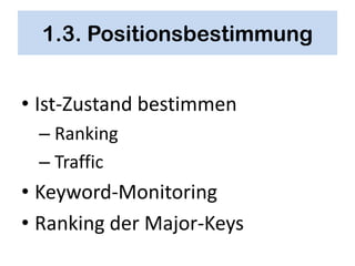 1.3. Positionsbestimmung


• Ist-Zustand bestimmen
 – Ranking
 – Traffic
• Keyword-Monitoring
• Ranking der Major-Keys
 