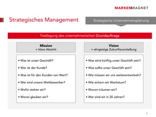 Strategisches Management                         Strategische Unternehmensplanung



                  Festlegung des unternehmerischen Grundauftrags

                  Mission                                   Vision
               = klare Absicht                 = ehrgeizige Zukunftsvorstellung


   • Was ist unser Geschäft?                • Was wird künftig unser Geschäft sein?

   • Wer ist der Kunde?                     • Was sollte unser Geschäft sein?

   • Was ist für den Kunden von Wert?       • Wie müssen wir uns weiterentwickeln?

   • Wer sind unsere Wettbewerber?          • Wie sichern wir Wachstum?

   • Wofür stehen wir?                      • Wovon träumen wir?

   • Woran glauben wir?                     • Wer sind wir in 20 Jahren?




                                                                                      7
 