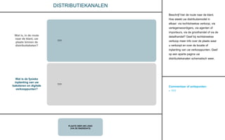 Commentaar of actiepunten:
• ???
PLAATS HIER UW LOGO
(VIA DE BASISDIA’S)
DISTRIBUTIEKANALEN
Wat is, in de route
naar de klant, uw
plaats binnen de
distributieketen?
Wat is de fysieke
inplanting van uw
bakstenen en digitale
verkooppunten?
Beschrijf hier de route naar de klant.
Hoe steekt uw distributiemodel in
elkaar: via rechtstreekse verkoop, via
vertegenwoordigers, via agenten of
importeurs, via de groothandel of via de
detailhandel? Geef bij rechtstreekse
verkoop meer info over de plaats waar
u verkoopt en over de locatie of
inplanting van uw verkooppunten. Geef
op een aparte pagina uw
distributiekanalen schematisch weer.
???
???
 