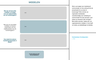 Commentaar of actiepunten:
• ???
PLAATS HIER UW LOGO
(VIA DE BASISDIA’S)
MIDDELEN
Wat zijn de financiële
middelen of budget
voor de implementatie
van dit marketingplan?
Wat zijn de menselijke
middelen of interne
organisatie voor de
implementatie van dit
marketingplan?
Hoe steekt de externe
marketingorganisatie in
elkaar?
Wat is uw budget voor marketing &
communicatie, en hoe verhoudt zich dit
procentueel tot uw omzet of
brutomarge? Wie is binnen uw
organisatie rechtstreeks
verantwoordelijk voor marketing en
communicatie? En door wie laat u zich
straks op uitvoerend vlak omringen?
Met andere woorden: bewijs dat u de
organisatorische middelen in huis heeft
om straks uw doelstellingen te behalen.
???
???
???
 