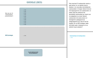 Commentaar of actiepunten:
• ???
PLAATS HIER UW LOGO
(VIA DE BASISDIA’S)
GOOGLE (SEO)
CONTACT
Kies maximaal 10 zoekwoorden waarop u
gaat werken om uw website hoog te
plaatsen in de natuurlijke (niet-betalende)
zoekresultaten in Google. Gebruik hiervoor
het hulpprogramma voor zoekwoorden, en
plaats naast elk zoekwoord het
gemiddelde zoekresultaat per maand voor
uw taalgebied en uw taal. Gebruik
zoekwoorden die zowel product- of
dienstgericht, plaatsgericht als
doelgroepgericht zijn. Sluit af met het
bepalen van uw SEO-strategie: welke
technieken gaat u toepassen om uw
website hoog te plaatsen?
Wat zijn de 10
belangrijkste
zoekwoorden?
SEO-strategie
• ???
• ???
• ???
• ???
• ???
• ???
• ???
• ???
• ???
• ???
• ???
 